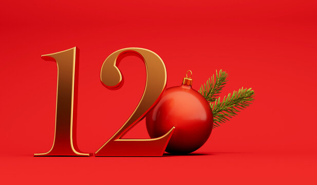 The 12 days of christmas. 12th day festive background gold lettering with bauble. 3D Rendering