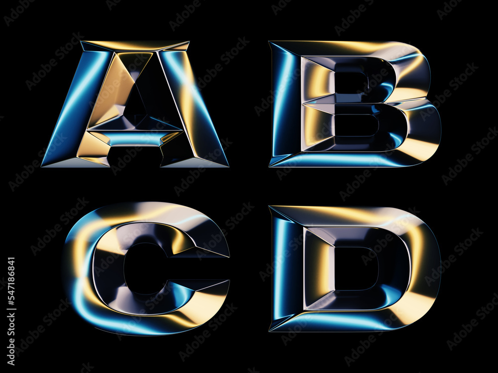 Fototapete 3d rendering of glossy chrome letters with shining lights effect