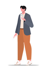 Young modern guy in casual clothes with a phone in his hand. Flat vector cartoon illustration isolated on white background.