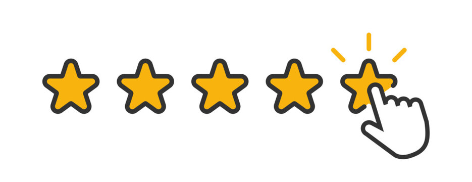 Five yellow stars with clicking mouse hand. Flat quality rank icon. Customer feedback concept. Vector isolated flat illustration for web design