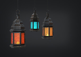 Black glowing arabic lanterns with multicolored glasses hanging on a black background. 3d render - obrazy, fototapety, plakaty