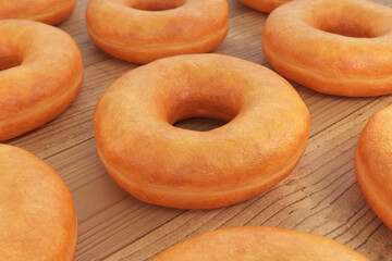 Donuts on a wooden table, 3d render