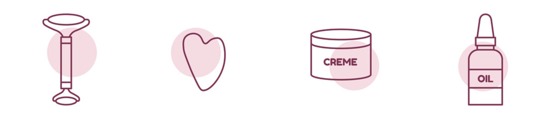 Guasha stone line icon set, face massage concept, soft skin health products vector icons, facial jade stone roller, oil, creme emblems, anti-aging gua sha tool symbols isolated on white background