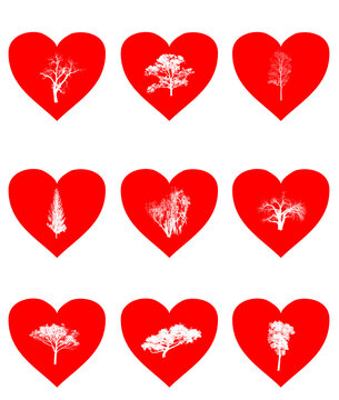Collection of red hearts, love hearts with nature patterns, illustrations, icons, vector for web, valentine’s day