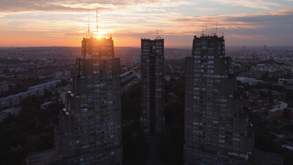 Eastern gate buildings, one of recognizable brutalism architecture symbols of Belgrade, Serbia.