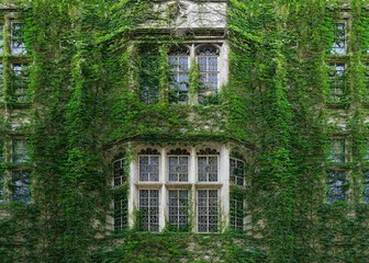 Ivy covered university building with bay windows with leaded glass