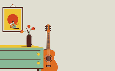 Beautiful vector illustration of a cozy home interior or living room with copy space. A creative room in trendy greys, mint greens and yellows.