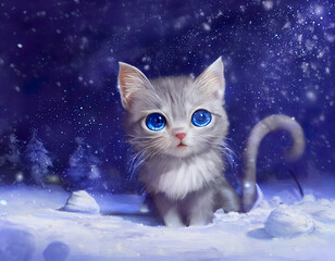 cat in snow, blue eyes cat in winter, grey cat in the night, cute illustration, greeting card, winter, Christmas, digital