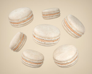 Flying white macaroons on a beige background, 3d render