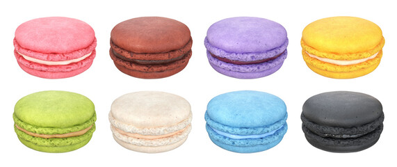 Collection of multicolored macaroons on a white background, 3d render