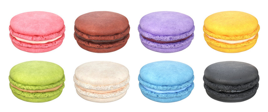 Collection of multicolored macaroons on a white background, 3d render