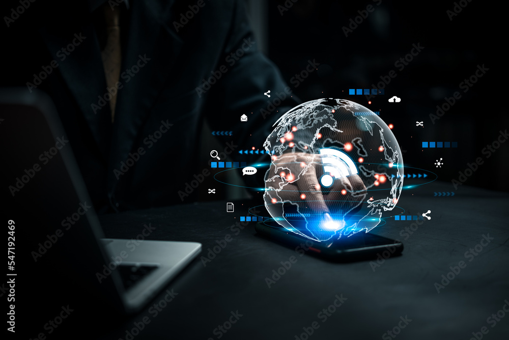 Poster businessman using mobile smartphone with icon wifi communication and social network internet online 