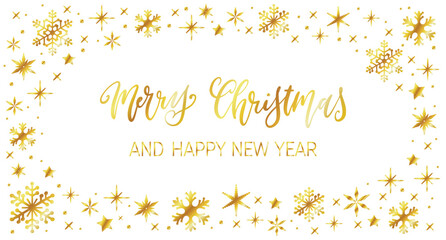 Handwritten Christmas greetings in a snowflakes frame, modern festive calligraphy lettering in golden over white.