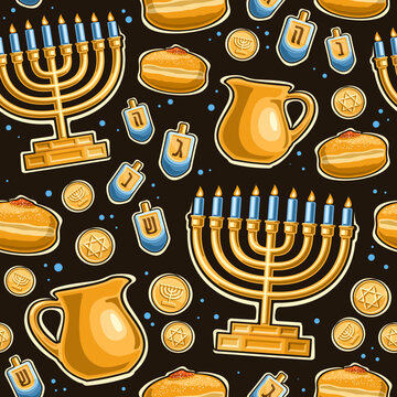 Vector Hanukkah Seamless Pattern, Repeating Background With Illustrations Of Candle Holder, 4 Dreidel, Sweet Sufganiyot And Gelt With Star Of David On Black Background, Wrapping Paper For Hanukkah