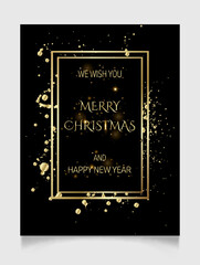 Handwritten Christmas and New Year greetings in a golden frame, modern festive lettering over black. Holiday season design illustration template.