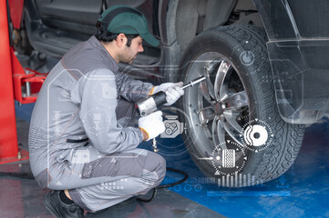 Professional mechanic providing car repair and maintenance service in auto garage. Car service...