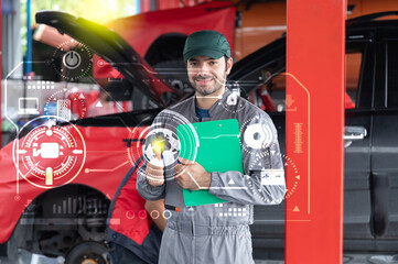 Professional mechanic providing car repair and maintenance service in auto garage. Car service business concept.