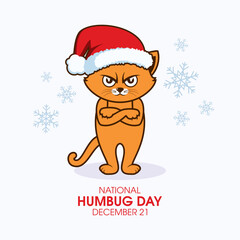 National Humbug Day vector. Grumpy cat with santa hat icon vector. Funny angry christmas cat cartoon character. Red cat with arms crossed drawing. December 21. Important day