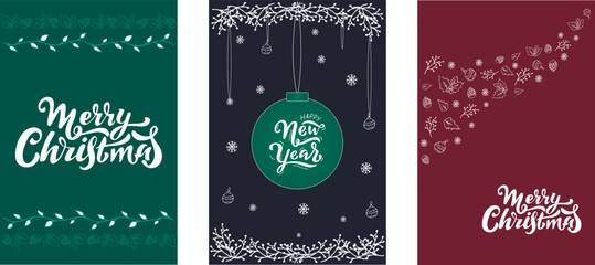 Merry Christmas. cards invitations.Modern universal art templates.  Vector illustration. Design of flower elements balls snowflakes, elegant white lettering on blue green red background. Christmas set