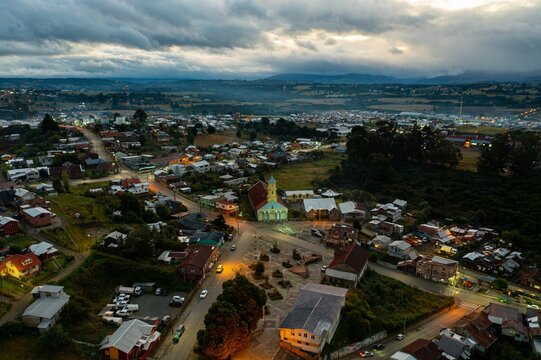 Aerial view of the Chonchi town at dusk