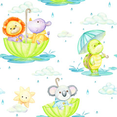 Turtle, rhinoceros, lion, koala, umbrella, rain, sun. Watercolor seamless pattern, in cartoon style, but isolated background.