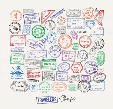 Passport stamp from different countries colorful icon set with lettering travelers stamp poster style