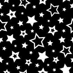 Obraz premium Seamless cute pattern with pink, yellow and green stars on pastel pink background. Vector illustration. Magic fireworks. glittering sky. Bright Stardust background. Constellation.