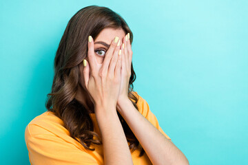 Closeup photo of young funny excited scared woman cover face eyes no vision nervous empty space...