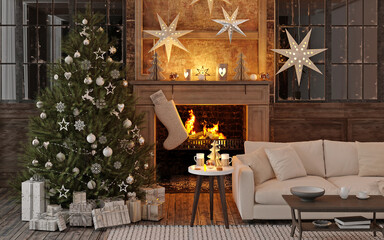 New year tree in scandinavian style interior with christmas decoration. 3D Render	