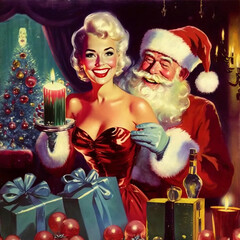 Santa Claus with Christmas gifts with a beautiful woman, fireplace in a room decorated for Christmas with Christmas lights and candles and Christmas tree