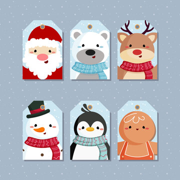 Set of Christmas and New Year labels with Santa Claus, Gingerbread, Snowman, Reindeer, Penguin, and Polar Bear Vector illustration.