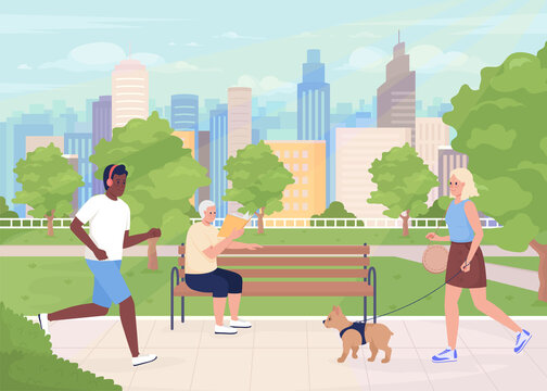 Metropolitan Park With Visitors Flat Color Raster Illustration. Jogging And Reading. Green Space. People Enjoying Outdoor Activities 2D Simple Cartoon Characters With Cityscape On Background