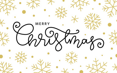 Fototapeta na wymiar Merry Christmas and Happy New Year hand drawn brush lettering. Xmas background with black ink pen script calligraphy, golden snowflakes. Winter holiday creative typography greeting card banner poster