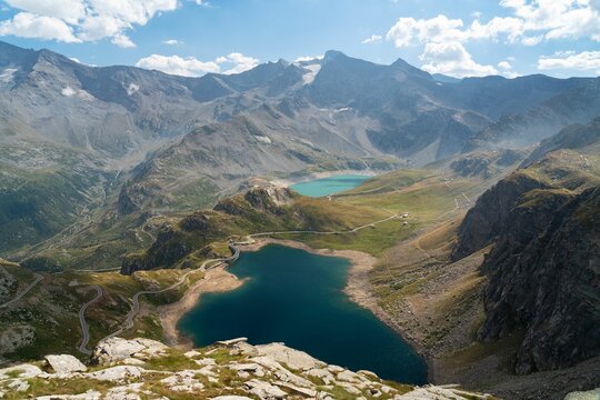 Aerial view of Agnel Lake and Lake Serru. Gran Paradiso National Park, Italy.