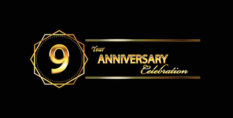 9 anniversary celebration. 9th anniversary celebration. 9 year anniversary celebration with gold shine and black background.