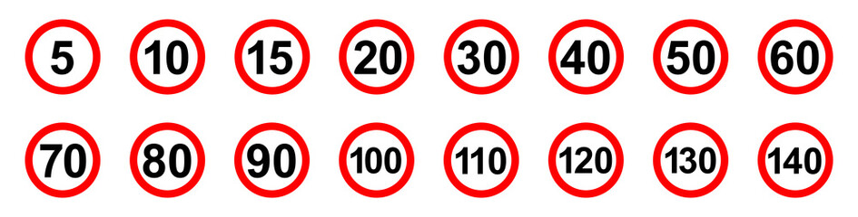 Fototapeta Speed Limit Sign Set. Set of generic speed limit signs with black number and red circle. Vector illustration obraz