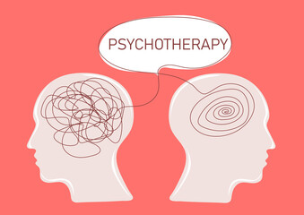 Two human heads silhouette with brain mental health psycho therapy concept. Therapist and patient. Vector illustration for psychologist blog or social media post