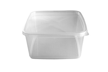 Transparent plastic food box isolated on white background