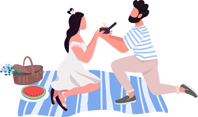Bearded man proposing to woman semi flat color raster characters. Full body people on white. Declaring love on picnic simple cartoon style illustration for web graphic design and animation