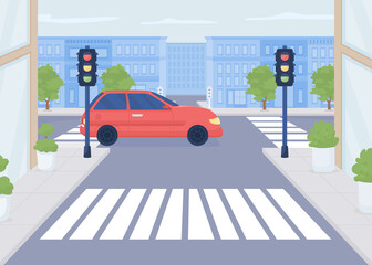 Red car crossing road flat color raster illustration. Modern urban lifestyle. Speed limit in residential area. Safe driving auto in downtown 2D simple cartoon cityscape with buildings on background