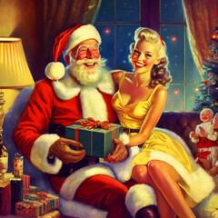 Obraz na płótnie Canvas Santa Claus with Christmas gifts with a beautiful woman, fireplace in a room decorated for Christmas with Christmas lights and candles and Christmas tree