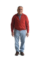 front view of a senior man standing on white background