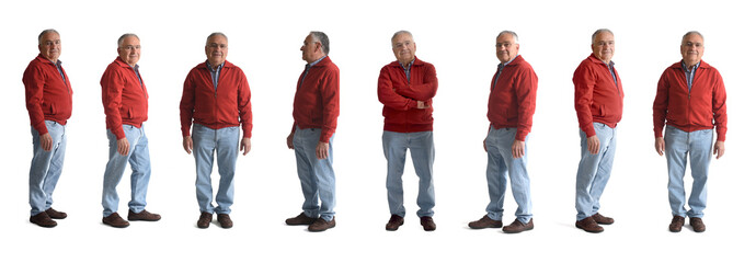 line of various poses of same senior men standing on white background