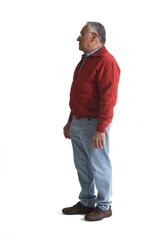 Fototapeta premium side view of a senior man standing and looking away on white background