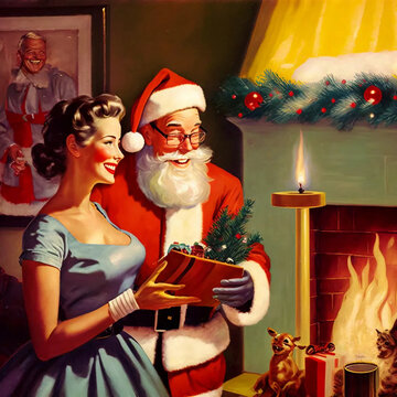 Santa Claus with Christmas gifts with a beautiful woman, fireplace in a room decorated for Christmas with Christmas lights and candles and Christmas tree