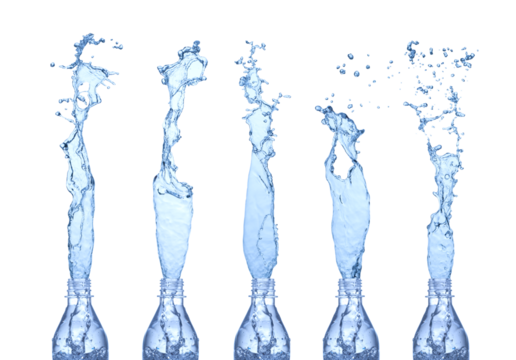 Water splashes from a bottles. Isolated on white