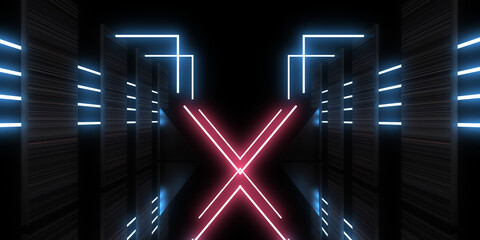 3D abstract background with neon lights. neon tunnel  .space construction . .3d illustration