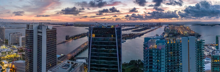 Sunrise View of Downtown Miami, Miami Beach and Port of Miami