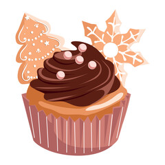 Festive cupcake with chocolate and ginger cookies on a white background. Vector illustration isolated for a holiday, postcard and print