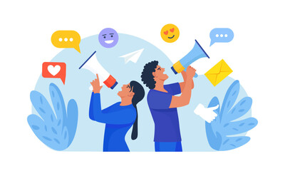 Social Media Promotion and Digital Marketing. People Standing and Use Loudspeaker to Communicate with Audience. Marketing Announcement. PR Agency Teamwork. Content Strategy and Management. Advertising